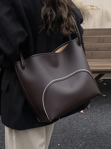 Bolso Bombonera de Cuero PU de Gran Capacidad para Mujer Minimalista Patrón de Lichi Pespuntes Bolso de Hombro Cruzado Tote