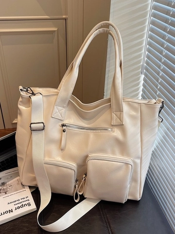 Vintage PU Leather Large Capacity Tote Bag For Women Casual Commuter Shoulder Bag With Multi Pockets Solid Color Handbag