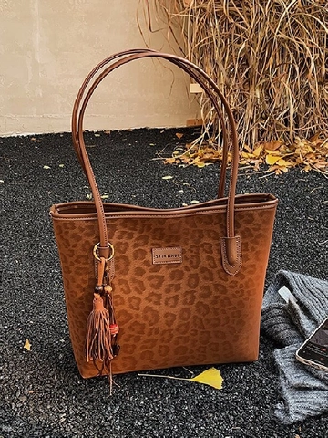 Vintage Leopard Print Tote Bag For Women Large Capacity PU Leather Shoulder Bag With Tassel Detail Fashion Shopping Bag