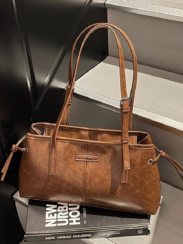 Bolso de Hombro Axilar de Cuero PU Vintage para Mujer Gran Capacidad Color Sólido Estampado de Leopardo Bolso Tote Moda