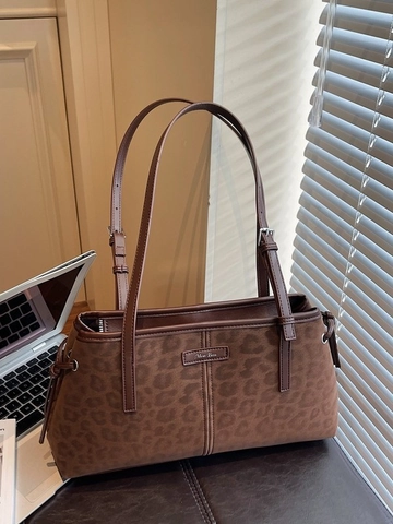 Bolso de Hombro Axilar de Cuero PU Vintage para Mujer Gran Capacidad Color Sólido Estampado de Leopardo Bolso Tote Moda