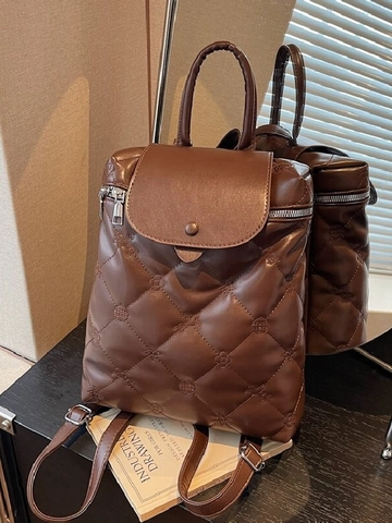 Damen Mode Rautensteppmuster Rucksack PU Leder Große Kapazität Schultasche Einfache Bestickte Blumen Reise Rucksack