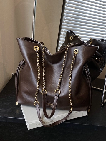 Bolso Bombonera de Cuero PU para Mujer Gran Capacidad Vintage Pespunte Correa de Cadena Cordón Bolso de Hombro