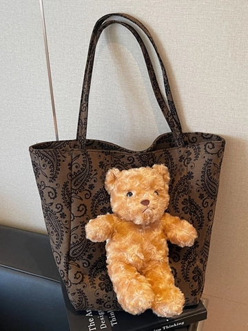 Vintage Leopard Paisley Bedruckt Wildleder Tote Bag Für Damen Große Kapazität Umhängetasche Mit Plüschbär-Dekoration Täglich Handtasche