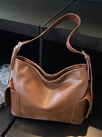 Women Retro PU Leather Large Capacity Shoulder Bag Minimalist Solid Color Hobo Tote With Side Pockets For Daily Work