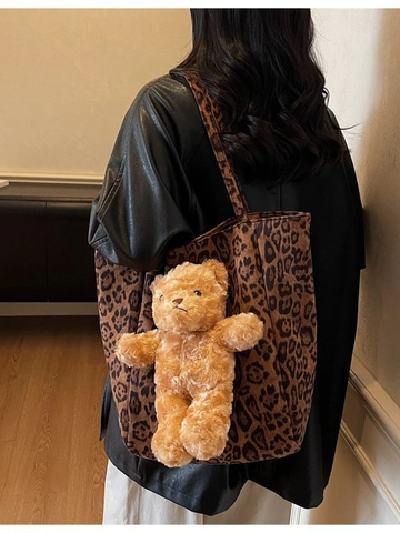 Vintage Leopard Paisley Bedruckt Wildleder Tote Bag Für Damen Große Kapazität Umhängetasche Mit Plüschbär-Dekoration Täglich Handtasche
