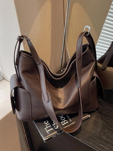 Women Retro PU Leather Large Capacity Shoulder Bag Minimalist Solid Color Hobo Tote With Side Pockets For Daily Work