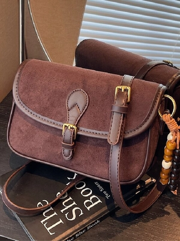 Women Vintage Frosted PU Small Square Shoulder Bag Retro Crossbody Commuting Purse With Bead Pendant Suede Texture Bag