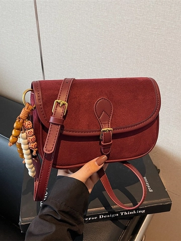 Women Vintage Frosted PU Small Square Shoulder Bag Retro Crossbody Commuting Purse With Bead Pendant Suede Texture Bag