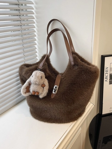 Large Capacity Women Plush Faux Fur Bucket Bag Winter Autumn Soft Shoulder Tote Bag With Rabbit Charm Versatile Handbag