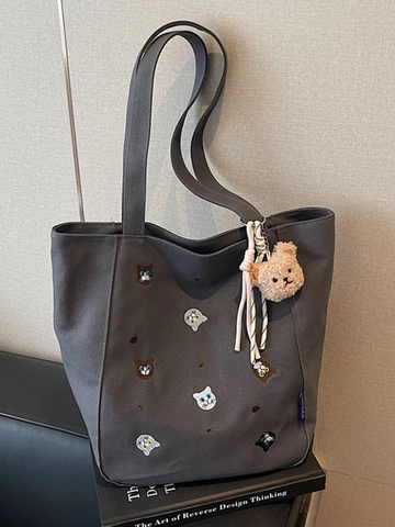 Borsa Tote in Tela a Grande Capacità per Donna Con Ricamo a Gatto Borsa a Tracolla Con Ciondolo a Orsetto in Peluche Casual