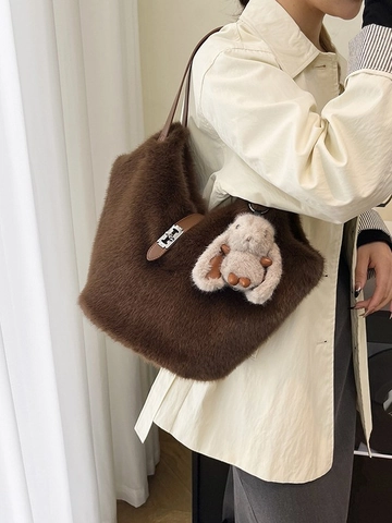 Large Capacity Women Plush Faux Fur Bucket Bag Winter Autumn Soft Shoulder Tote Bag With Rabbit Charm Versatile Handbag