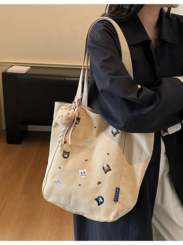 Borsa Tote in Tela a Grande Capacità per Donna Con Ricamo a Gatto Borsa a Tracolla Con Ciondolo a Orsetto in Peluche Casual