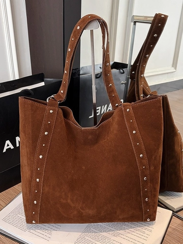 Sac Fourre-Tout Vintage à Rivets de Grande Capacité pour Femmes en Cuir PU Aspect Daim Sac à Bandoulière de Navetteur Casual