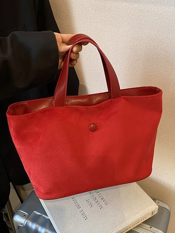 Women Large Capacity PU Synthetic Suede Tote Bag Minimalist Retro Handbag Color Block Shoulder Shopping Bag Commuting Purse