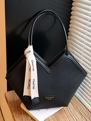 Large Capacity Women Tote Bag V-Neck Opening Herringbone Pattern PU Shoulder Bag With Decorative Silk Scarf Commuting Handbag