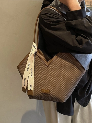 Large Capacity Women Tote Bag V-Neck Opening Herringbone Pattern PU Shoulder Bag With Decorative Silk Scarf Commuting Handbag