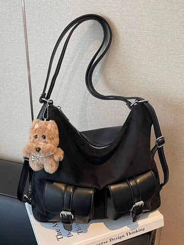 Large Capacity Retro PU Leather Tote Bag For Women Autumn Winter Multi-functional Shoulder Bag Backpack With Plush Pendant