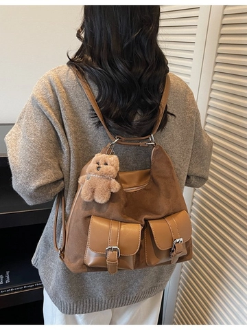 Large Capacity Retro PU Leather Tote Bag For Women Autumn Winter Multi-functional Shoulder Bag Backpack With Plush Pendant