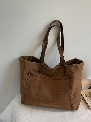 Große Kapazität Canvas Tote Schultertasche Für Damen Retro Vintage Stil Mit Vortasche Nieten Dekor Pendler Handtasche