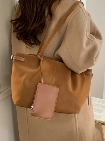 Große Kapazität Frosted PU Leder Tote Bag Für Damen Retro Minimalistische Schultertasche Mit Abnehmbarem Hängebeutel Alltagstasche