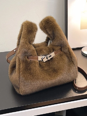 Women Autumn Winter Artificial Fur Plush Handbag Classic Metal Buckle Shoulder Bag Soft Tote Bag Casual Crossbody Bag Purse