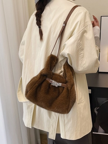 Women Autumn Winter Artificial Fur Plush Handbag Classic Metal Buckle Shoulder Bag Soft Tote Bag Casual Crossbody Bag Purse