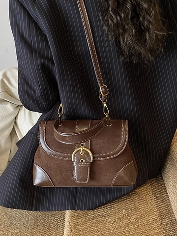 Vintage PU Leather Patchwork Shoulder Bag For Women Large Capacity Fashion Saddle Bag Crossbody Handbag Casual Underarm Bag