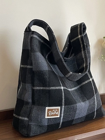 Women Plaid Tote Bag Large Capacity Casual Velvet Shoulder Bag Retro Autumn Winter Versatile Shopping Bag For Ladies