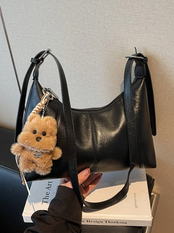 Borsa Sottobraccio in Pelle PU Vintage per Donna Borsa a Spalla Minimalista Con Ciondolo a Orsetto Borsa Giornaliera