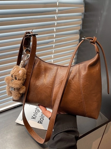 Borsa Sottobraccio in Pelle PU Vintage per Donna Borsa a Spalla Minimalista Con Ciondolo a Orsetto Borsa Giornaliera