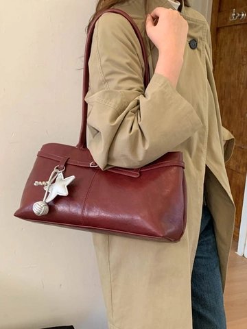 Minimalistische PU Leder Tragetasche Große Kapazität Damen Umhängetasche Mit Sternanhänger Retro Pendler Lässige Handtasche