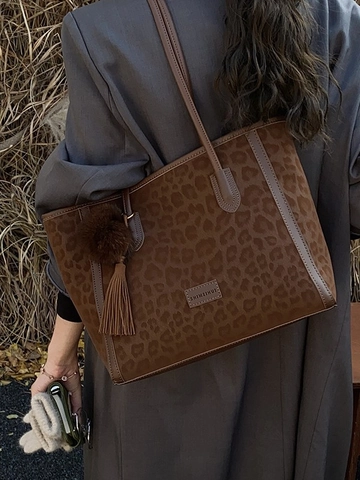 Women Retro Leopard Print Tote Bag PU Leather Large Capacity Shoulder Bag With Fur Ball Tassel Charm Korean Fashion Handbag