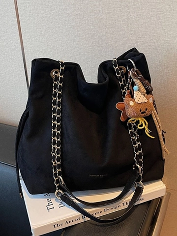 Women's Large Capacity Tote Bag Suede Look PU Leather Chain Strap Shoulder Bag Solid Color Casual Handbag With Pendant