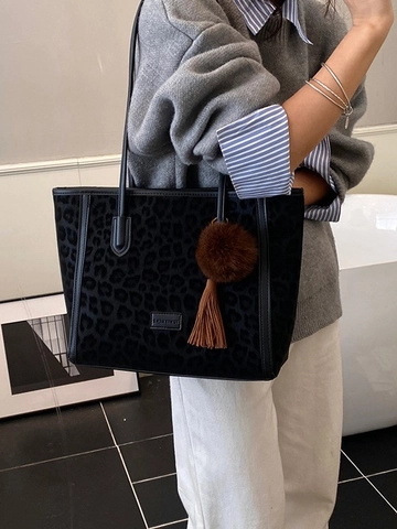 Women Retro Leopard Print Tote Bag PU Leather Large Capacity Shoulder Bag With Fur Ball Tassel Charm Korean Fashion Handbag
