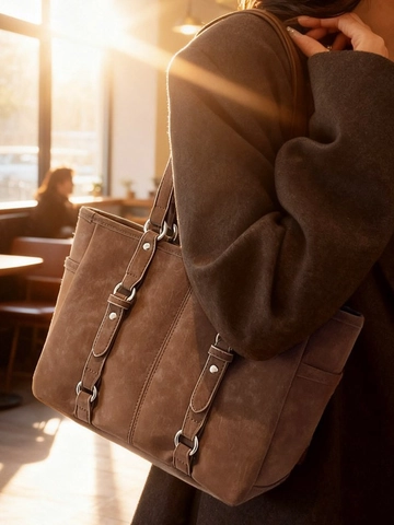 Borsa Tote in Pelle PU Grande Capacità Retro per Donna Pendolare Borsa a Spalla Sottobraccio Con Decoro Anello Metallo Argento