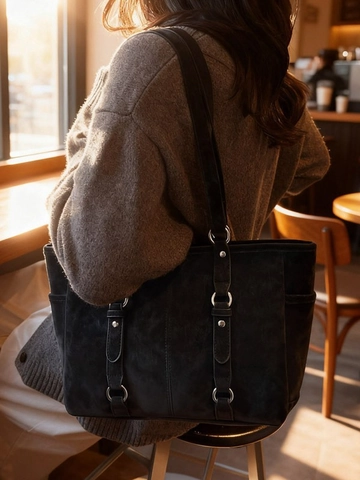Borsa Tote in Pelle PU Grande Capacità Retro per Donna Pendolare Borsa a Spalla Sottobraccio Con Decoro Anello Metallo Argento
