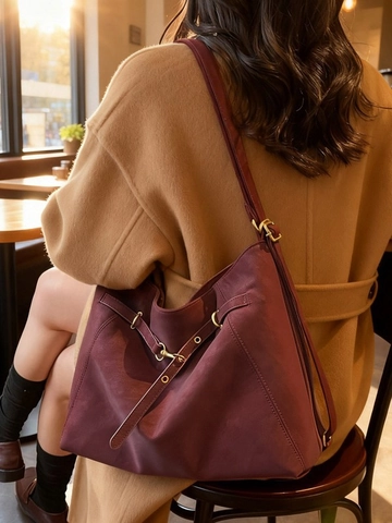 Bolso de Hombro de Cuero PU Retro para Mujer Gran Capacidad Moda Color Sólido Bolso Tote Conmutar Bolso Bandolera Hobo