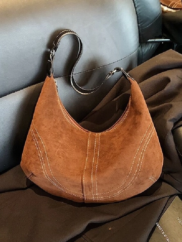 Retro Damen Wildleder-Look PU Hobo Schultertasche Kontrastnähte Minimalistisch Mondförmige Achseltasche Große Kapazität Mode Handtasche