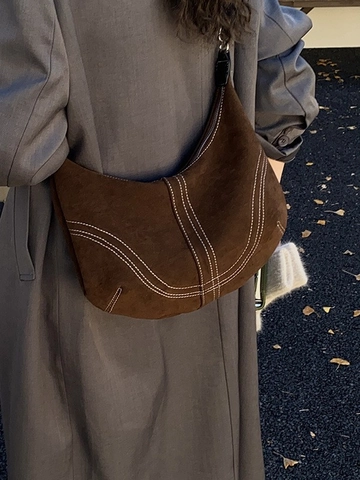 Retro Damen Wildleder-Look PU Hobo Schultertasche Kontrastnähte Minimalistisch Mondförmige Achseltasche Große Kapazität Mode Handtasche