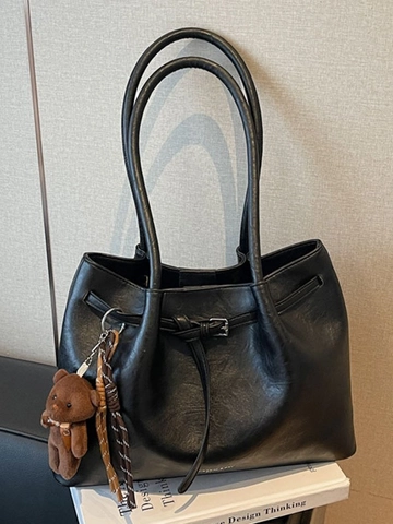 Vintage Pleated Large Capacity Tote Bag For Women Retro PU Leather Shoulder Bag Underarm Commuter Bag With Bear Pendant