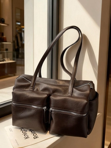 Damen Große Kapazität PU Leder Umhängetasche Mehrfachtaschen Vintage Tote Achseltasche Mode Pendeln Handtasche Mit Reißverschluss