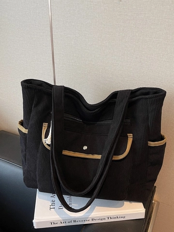 Borsa Tote in Velluto a Coste da Donna Grande Capacità Multitasche Retrò Casual Borsa a Tracolla con Nappe per Scuola Lavoro