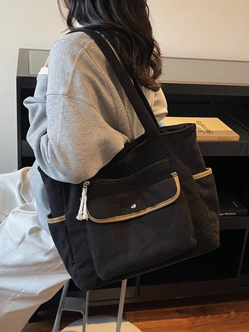 Borsa Tote in Velluto a Coste da Donna Grande Capacità Multitasche Retrò Casual Borsa a Tracolla con Nappe per Scuola Lavoro