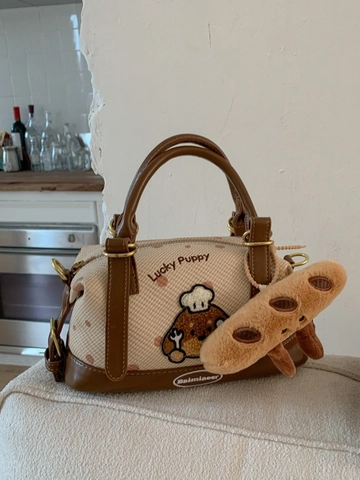 Vrouwen Retro PU Leer Kleine Boston Tas Schattige Cartoon Puppy Geborduurde Crossbody Tas Dagelijkse Mode Handtas Schoudertas