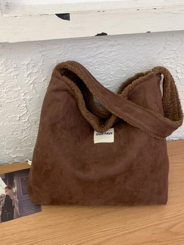 Women Large Capacity Faux Suede Sherpa Tote Bag Winter Fashion Shoulder Bag Contrast Color Commuter Handbag