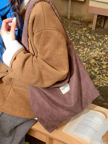 Women Large Capacity Faux Suede Sherpa Tote Bag Winter Fashion Shoulder Bag Contrast Color Commuter Handbag