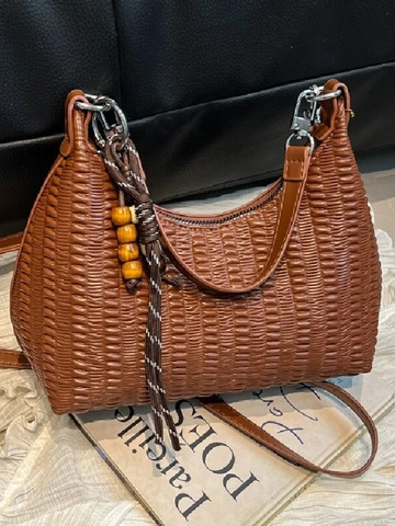 Vintage Pleated PU Leather Shoulder Bag For Women High-End Underarm Bag With Wood Bead Charm Elegant Commuting Handbag