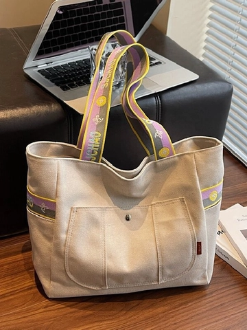 Damen Canvas Tote Bag Mit Großer Kapazität Lässige Minimalistische Umhängetasche Mit Buchstaben-Kontrast-Gurtband Pendler Handtasche