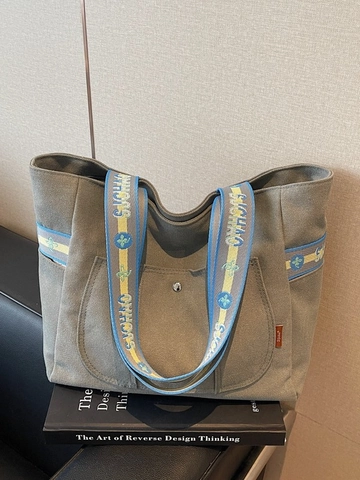 Damen Canvas Tote Bag Mit Großer Kapazität Lässige Minimalistische Umhängetasche Mit Buchstaben-Kontrast-Gurtband Pendler Handtasche
